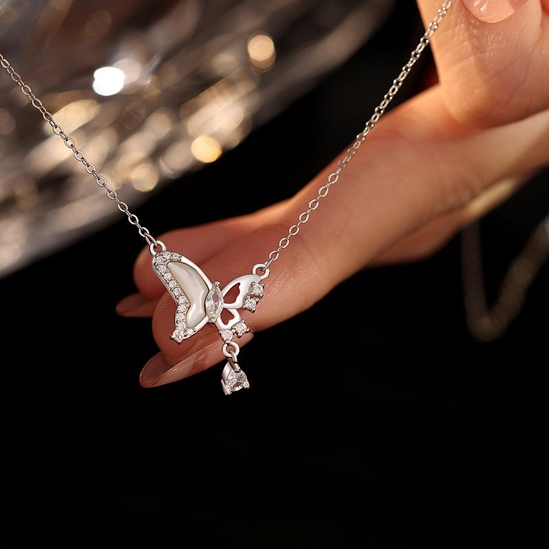 S925 Sterling Silver Necklace Female White Fritillary Butterfly Water Drop Tassel Pendant Light Luxury Girl Style Fresh Clavicle Chain