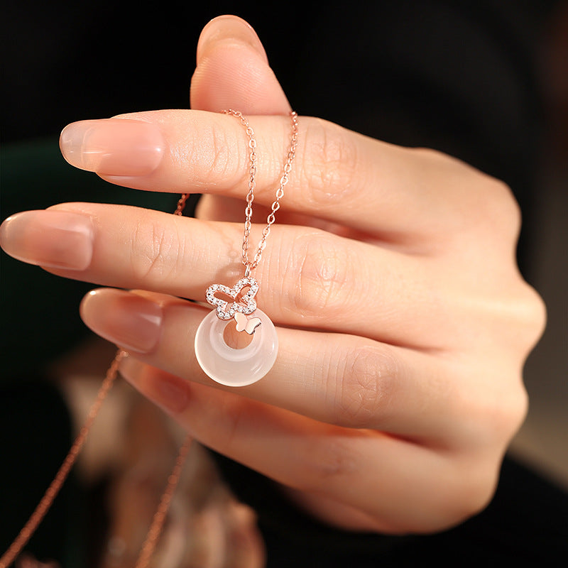 S925 Sterling Silver Necklace Women's Natural White Chalcedony Safety Buckle Butterfly Pendant National Style Women's Birthday Gift Clavicle Chain