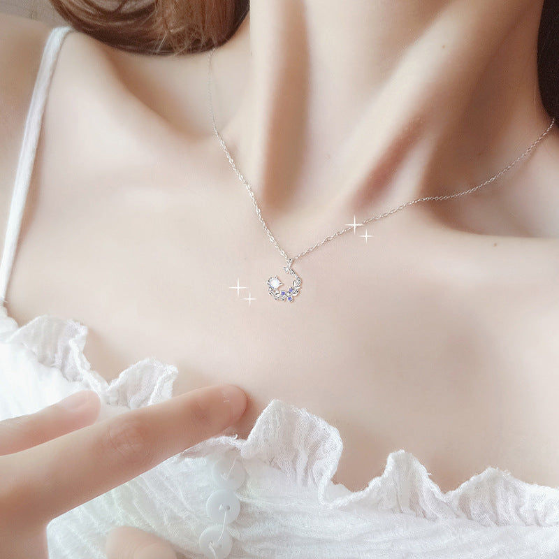 Yongtan Flower Pity Sterling Silver 925 Necklace Female Niche Design Light Luxury Zircon Clavicle Chain Ins Style Glass Stone Pendant
