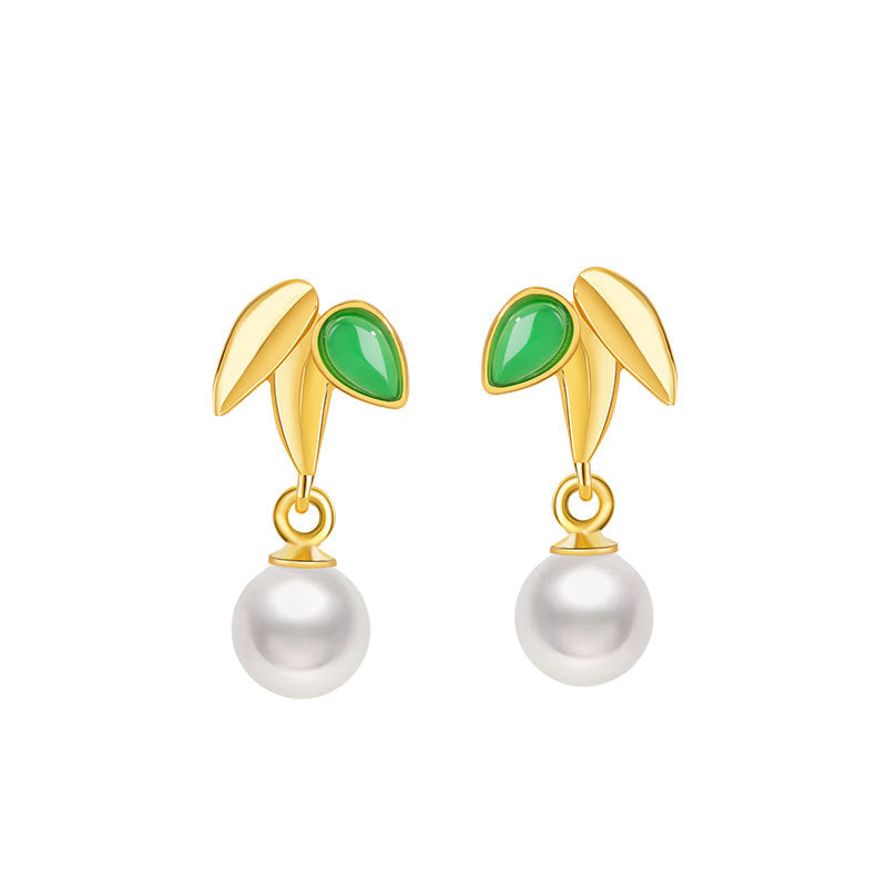 Bamboo Sterling Silver 925 Stud Earrings Women's Light Luxury High-Grade Freshwater Pearl Bamboo Earrings High-Rise Chalcedony Earrings