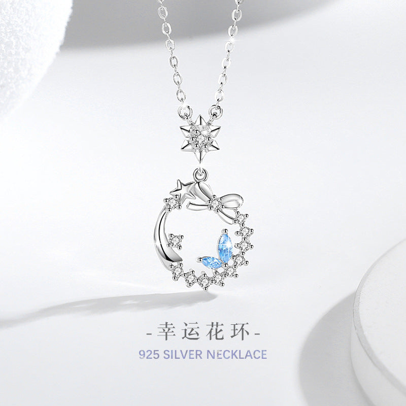 Bowknot Sterling Silver 925 Necklace Female Niche Design Light Luxury Zircon Clavicle Chain Get Things Ins Style Star Pendant