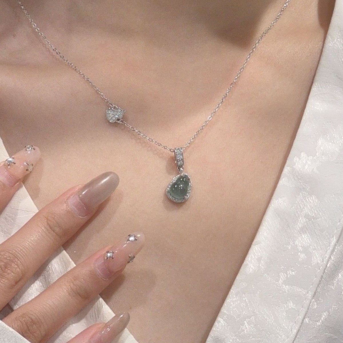 Fu Lu Double Full Sterling Silver 925 Necklace Women's New Chinese National Fashion Dangerous Material Blue Water Jade Clavicle Chain Ins Gourd Pendant