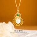 S925 Silver Plated 18K Gold New Chinese Pearl Necklace National Style Hollow Green Chalcedony Pendant Gift for Mother Wholesale