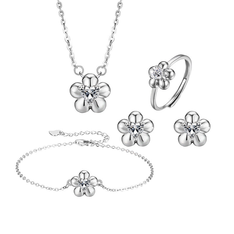 S925 Sterling Silver Five-Petal Flower Diamond Jewelry Set All-Match Flower Stud Earrings Necklace Bracelet Ring Valentine's Day Gift