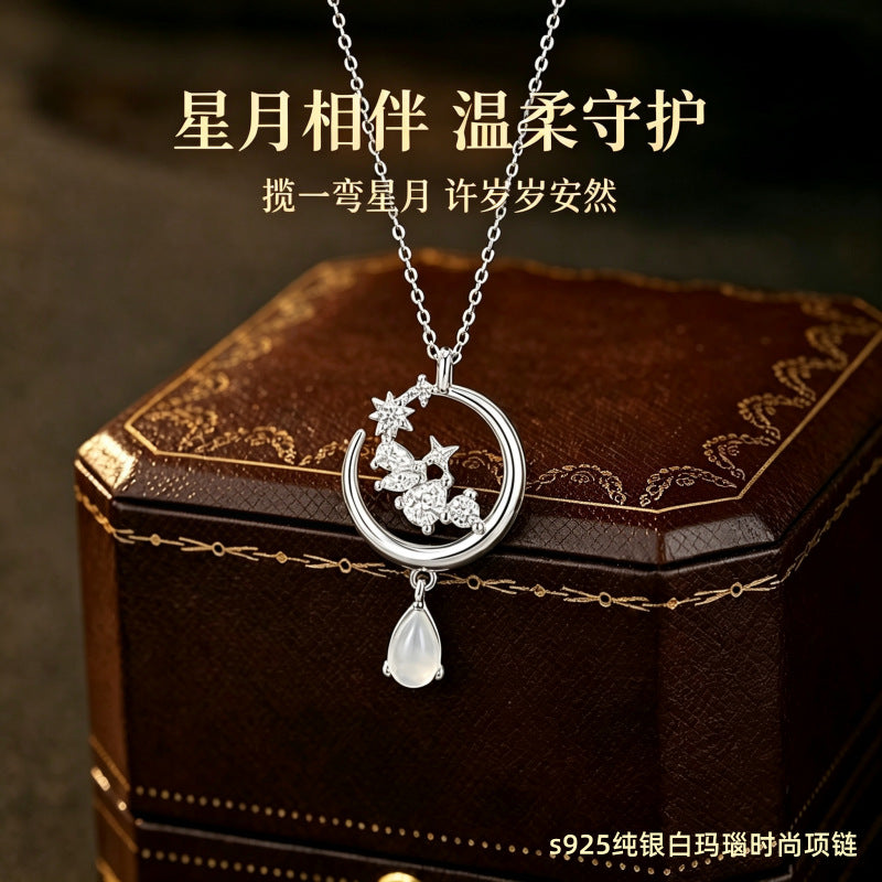 S925 Silver Necklace Water Drop White Agate Pendant Light Luxury High-Grade Star Moon Clavicle Chain Niche All-Match Girlfriend Gift