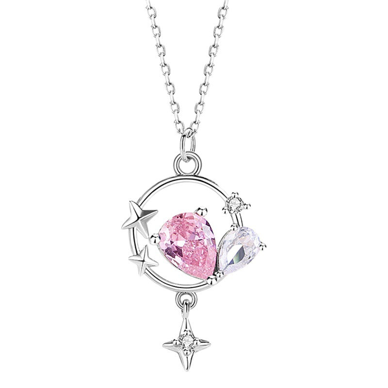 Star Sterling Silver 925 Necklace Female Niche Design Light Luxury Pink Zircon Clavicle Chain Get Things Ins Tassel Pendant