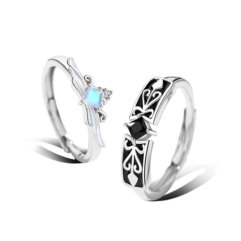 Original Design Princess Knight Couple Ring Glass Ring Cold Enamel Pair Crown Long-Distance Love Ring Generation Hair