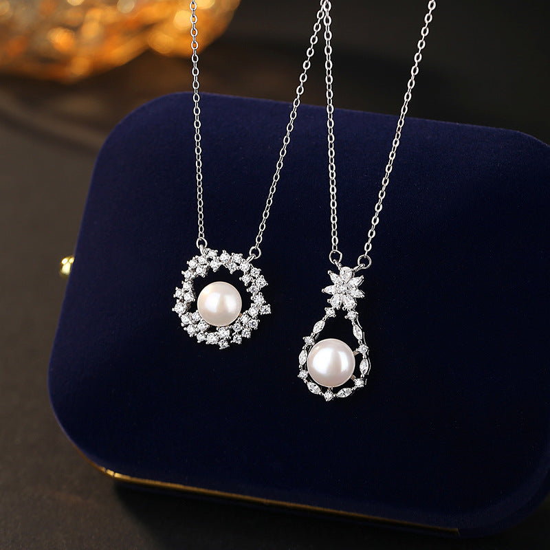 S925 Sterling Silver Freshwater Pearl Necklace Women's Court Snowflake Water Drop Pendant Retro Light Luxury Clavicle Chain Silver Jewelry Wholesale