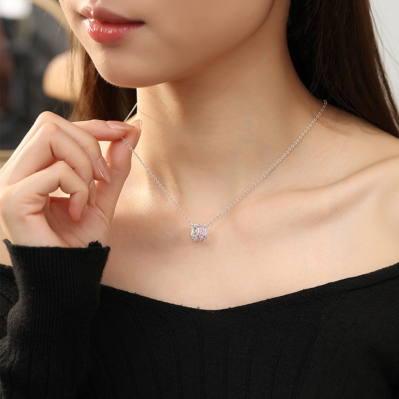 Pink Dai Small Waist S925 Sterling Silver Necklace Women's Light Luxury Niche White Crystal Pink Zircon Clavicle Chain Silver Jewelry Source