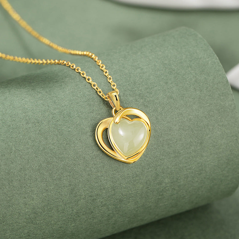 At First Sight, I Fell in Love with Sterling Silver 925 Hetian Jade Necklace New Chinese National Fashion Lovely Clavicle Chain Ins with Your Pendant in My Heart