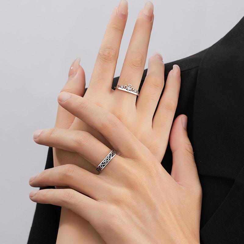 Princess and Knight Sterling Silver 925 Couple Ring Fashion Versatile Love Zircon Ring Ins Style Crown Ring