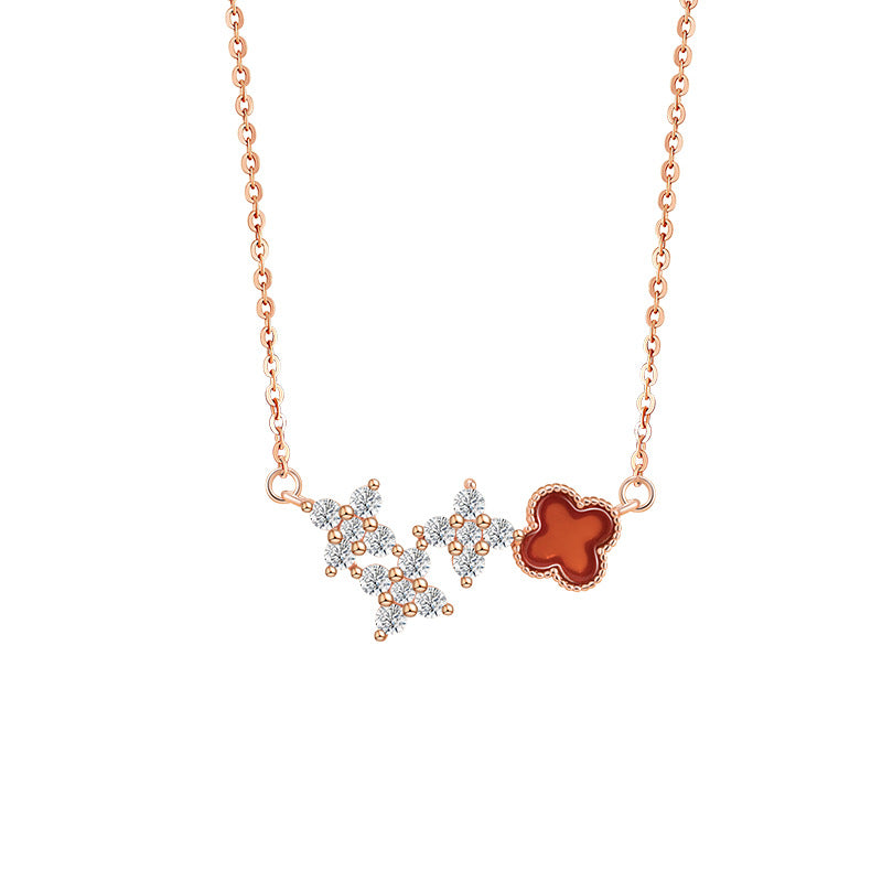 Lucky Clover Sterling Silver 925 Necklace Women's Fashion Versatile Red Agate Clavicle Chain Ins Style Flower Pendant
