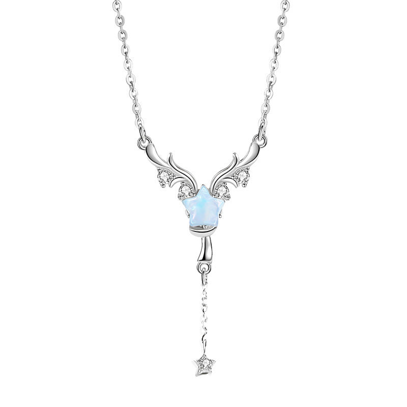 Antler Sterling Silver 925 Necklace Women's Fashion Versatile Tassel Star Clavicle Chain Christmas Ins Style Elk Pendant