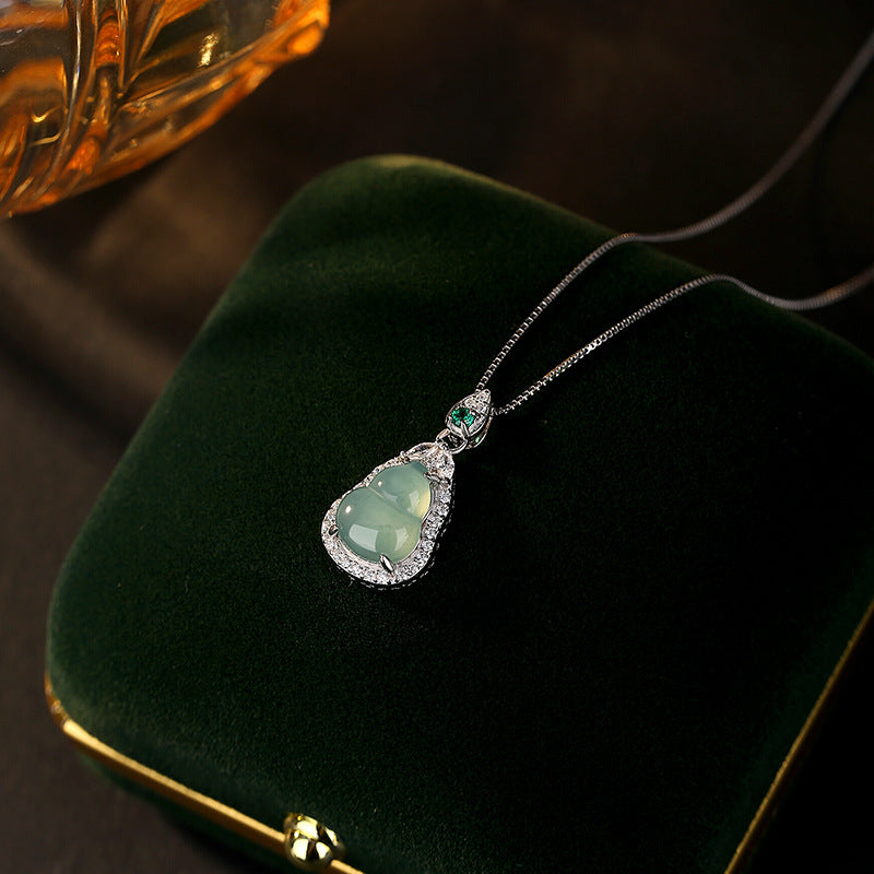 S925 Sterling Silver Necklace for Women, Ice-Proof Material Blue Water Jade Gourd Pendant, New Chinese Style Fu Lu Clavicle Chain Wholesale