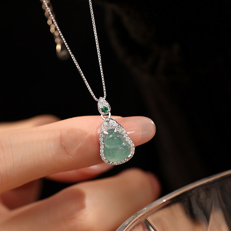 S925 Sterling Silver Necklace for Women, Ice-Proof Material Blue Water Jade Gourd Pendant, New Chinese Style Fu Lu Clavicle Chain Wholesale