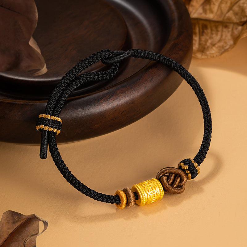 Coin Pure Silver 999 Bracelet New Chinese National Fashion Handmade Braided Rope Bracelet Ins Style Light Luxury High-Grade Bead Bracelet