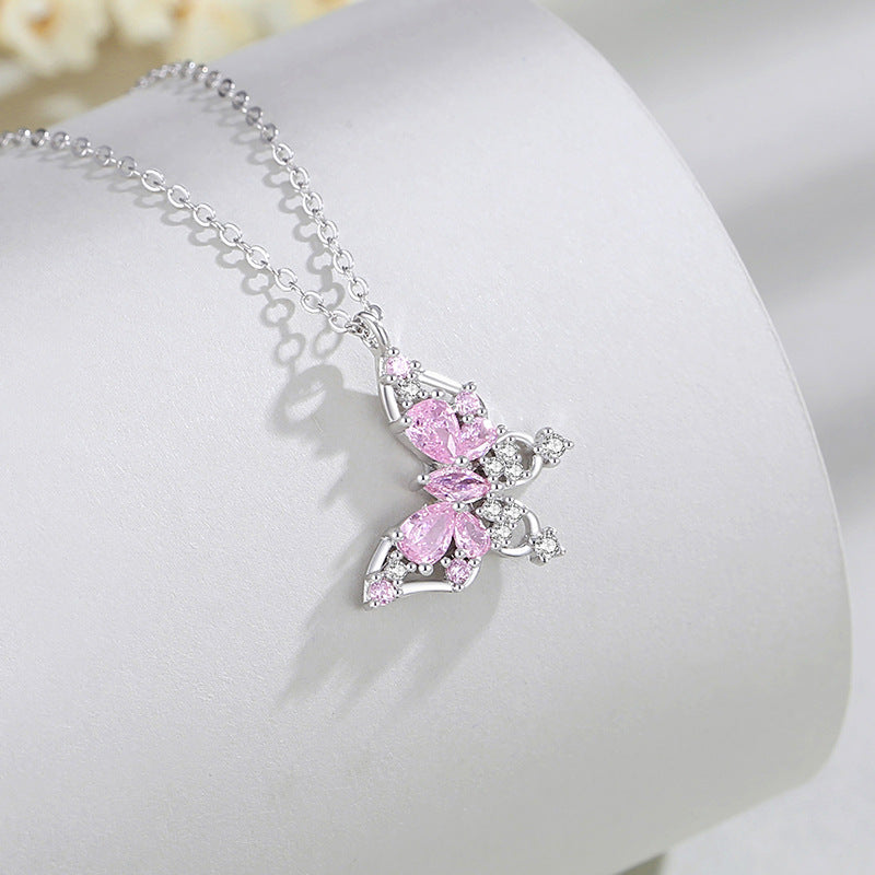 Fantasy Butterfly Sterling Silver 925 Necklace Female Niche Light Luxury Sweet Style Pink Zircon Clavicle Chain Ins Love Pendant