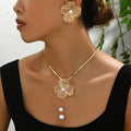 Pleated Flower and Pearl-Effect Lariat Jewelry