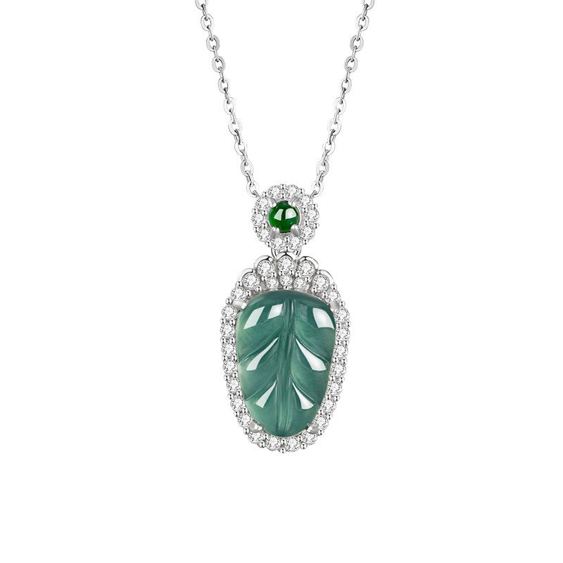 Leaf Sterling Silver 925 Necklace Women's Light Luxury Natural Dangerous Jade Clavicle Chain New Chinese Style Gold Branch Jade Leaf Pendant