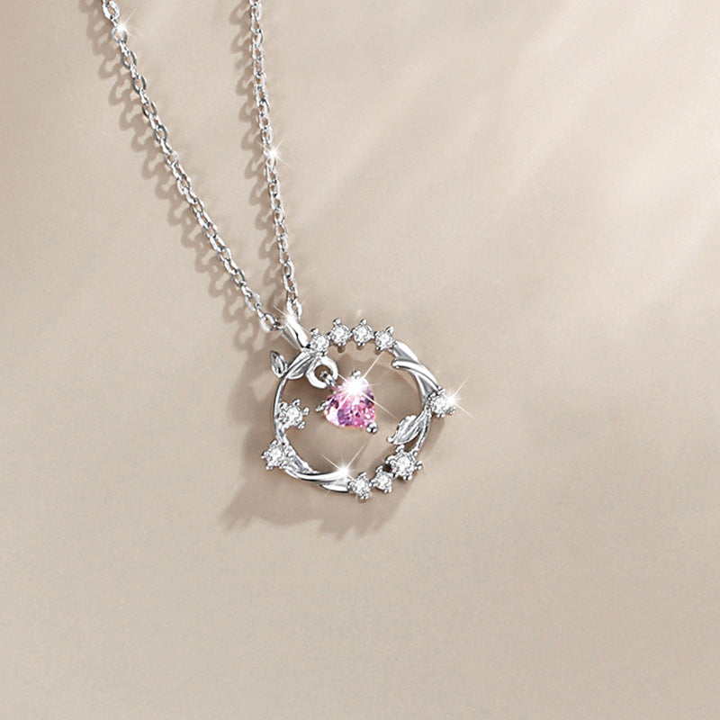 Lovely Sterling Silver 925 Necklace Female Niche Design Light Luxury Pink Zircon Clavicle Chain Get Things Ins Flower Pendant