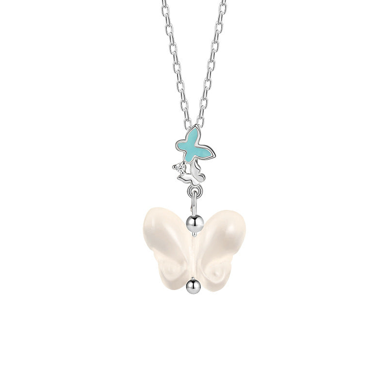 S925 Sterling Silver Chalcedony Butterfly Necklace Bracelet Set Luminous Enamel Niche Design Girl Style Silver Jewelry Wholesale