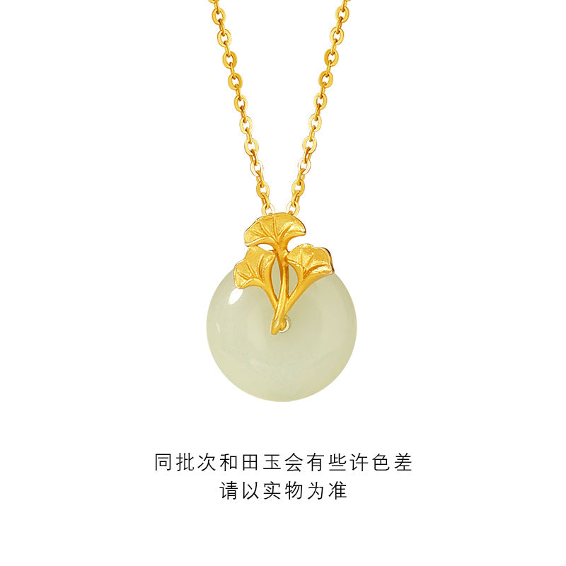 Original Sansheng Lucky Sterling Silver 925 Hetian Jade Necklace New Chinese Style Safety Buckle Clavicle Chain Ins Ginkgo Leaf Pendant
