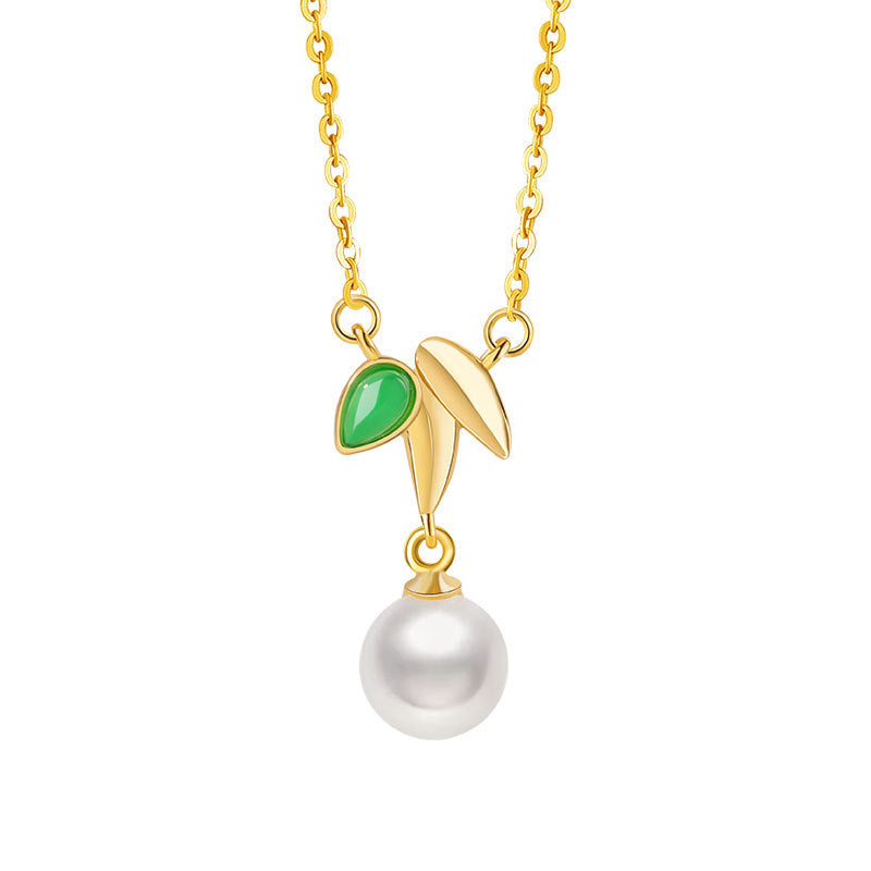 High-Rise Sterling Silver 925 Necklace Women's High-Grade Freshwater Pearl Bamboo Clavicle Chain Ins Chalcedony Bamboo Pendant