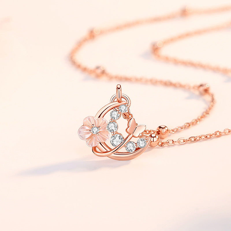 Flowers like Brocade Sterling Silver 925 Necklace Light Luxury Sweet Peach Blossom Shell Clavicle Chain Ins High-Grade Butterfly Pendant