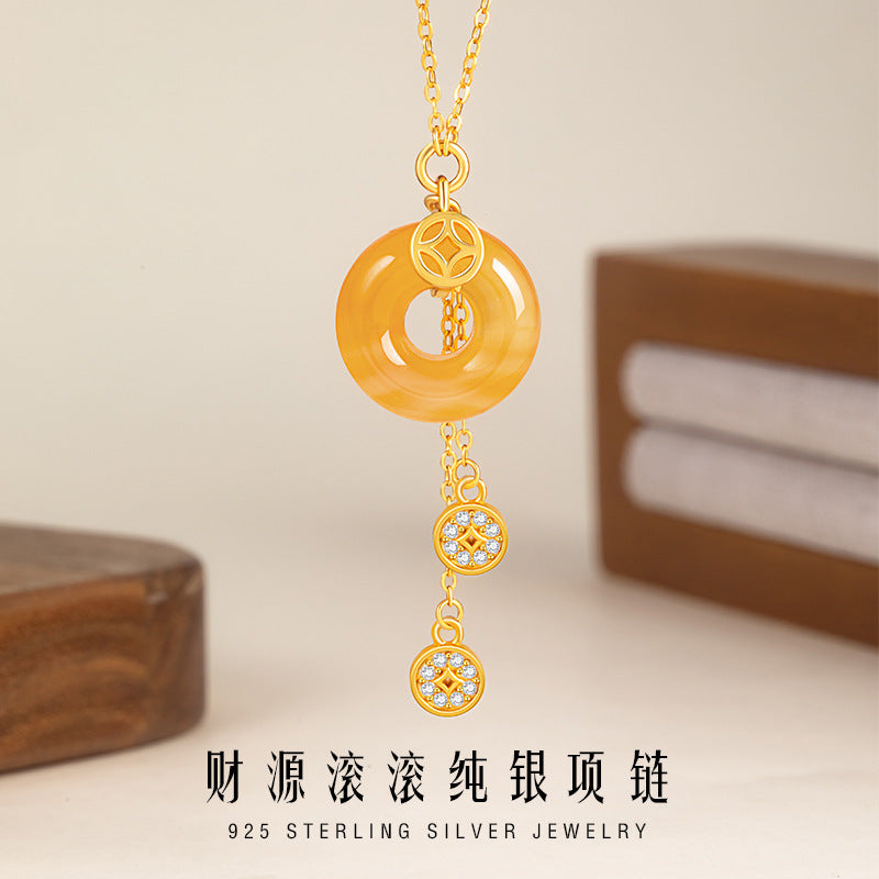 Coin Sterling Silver 925 Necklace Women's Fashion All-Match Sugar Onyx Peace Buckle Clavicle Chain Copper Coin Pendant