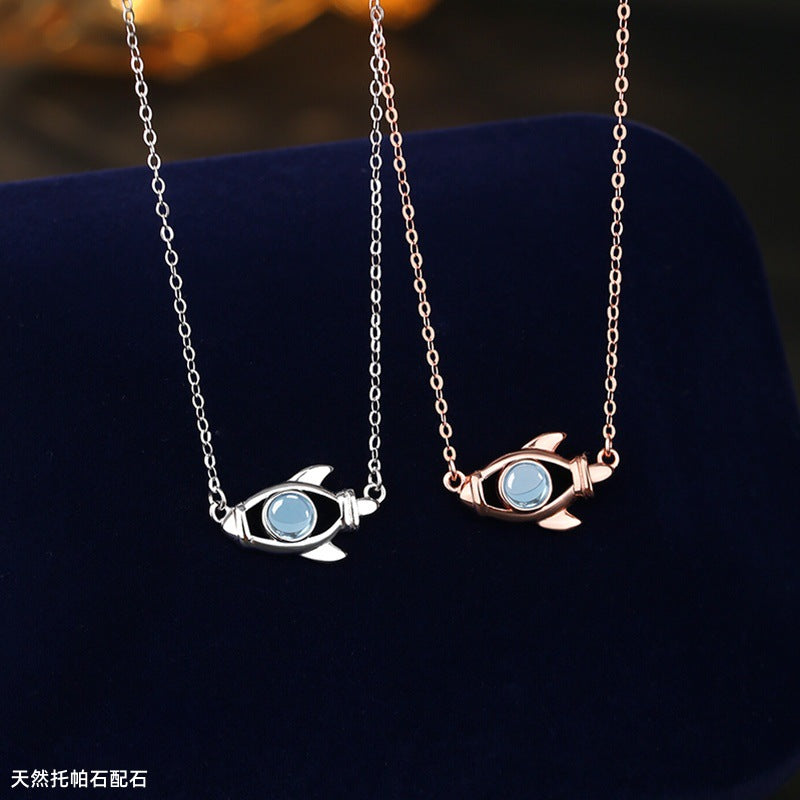 S925 Sterling Silver Rocket Clavicle Chain Natural Ice Blue Topaz Necklace Platinum Rose Gold Two-Color Design Accessories