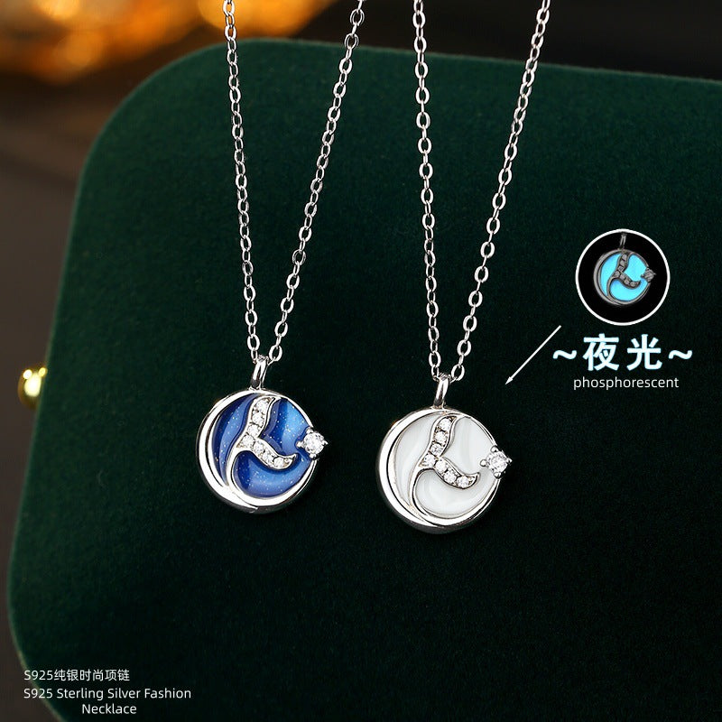 S925 Sterling Silver Necklace Female Mermaid Luminous Enamel Drop Oil Pendant Niche Girlfriends Clavicle Chain Valentine's Day Gift