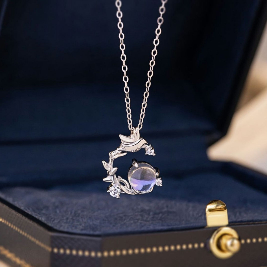 Blue Eucalyptus and Bird Sterling Silver 925 Necklace Women's Light Luxury High-Grade Glazed Stone Clavicle Chain Ins Valentine's Day Gift Pendant