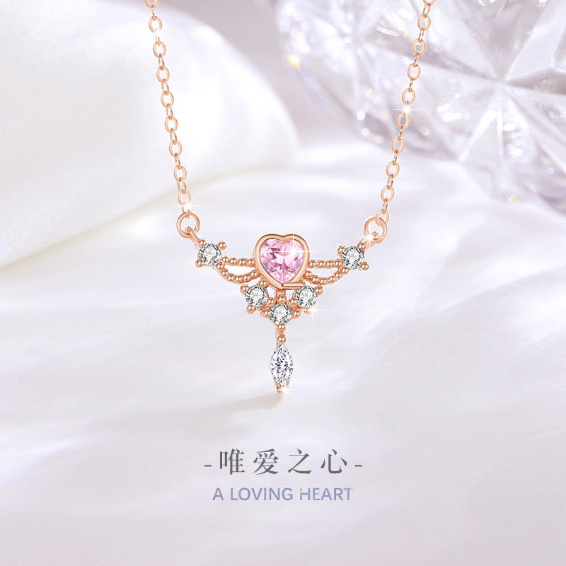 Lovely Sterling Silver 925 Necklace Female Niche Design Light Luxury Pink Diamond Clavicle Chain Get Things Ins Angel Wing Pendant