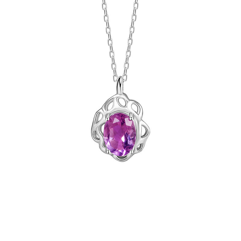 S925 Sterling Silver Natural Amethyst Pendant Female Light Luxury Niche Design Sense Hollow Petals Colorful Treasure Silver Necklace Wholesale
