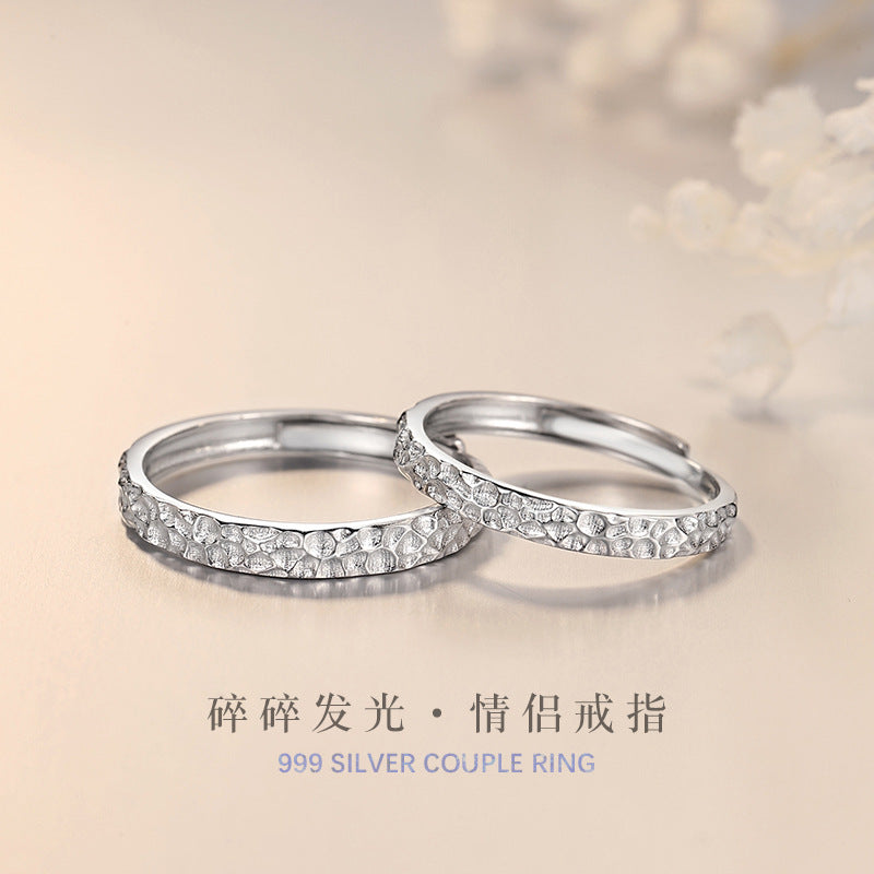 Broken Ice Pure Silver 999 Couple Ring Men and Women Niche Design Light Luxury Plain Ring Ins Style Broken Silver Couple Ring