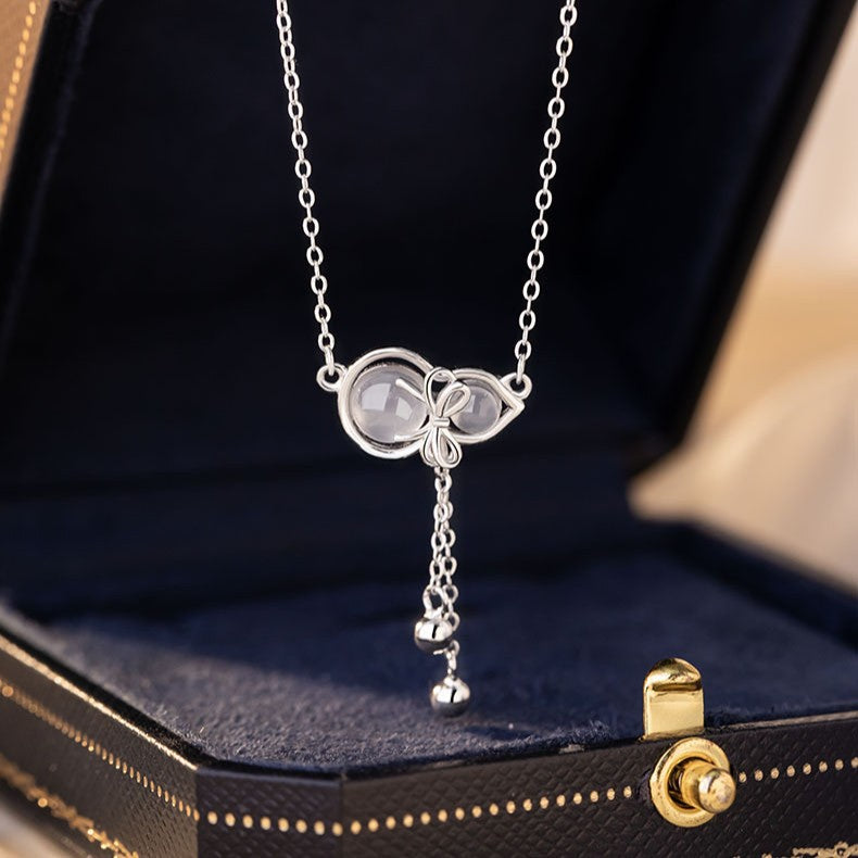 Gourd Sterling Silver 925 Chalcedony Necklace Women's High-Grade Bow Tassel Clavicle Chain Ins Lucky Clover Pendant
