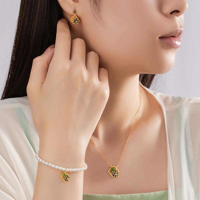 Clover Sterling Silver 925 Necklace Women's New Chinese Style National Fashion Hetian Jasper Flower Clavicle Chain Ins Wind Window Flower Pendant