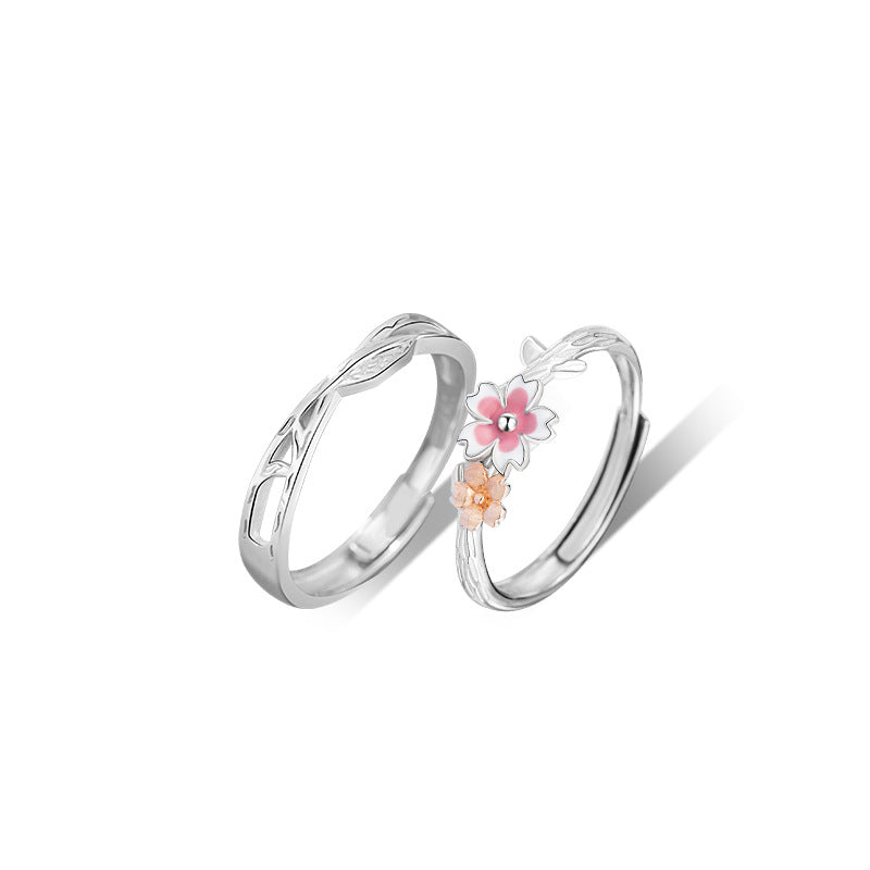 Cherry Blossom Sterling Silver 925 Couple Ring Men's and Women's New Chinese Style National Fashion Flower Mori Ring Ins Style Peach Blossom Ring