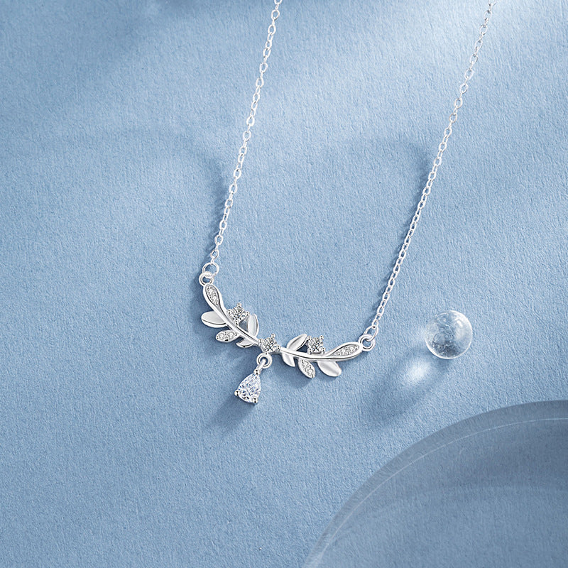 Laurel Goddess Pure Silver 999 Necklace Female Niche Design Light Luxury Zircon Clavicle Chain Ins Style Wheat Ear Pendant