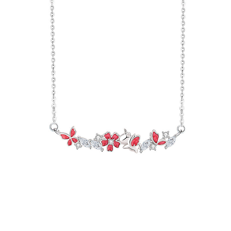 Butterfly Sterling Silver 925 Necklace Female Sweet Cute Style Peach Blossom Zircon Clavicle Chain Small Red Book Same Style Flower Pendant