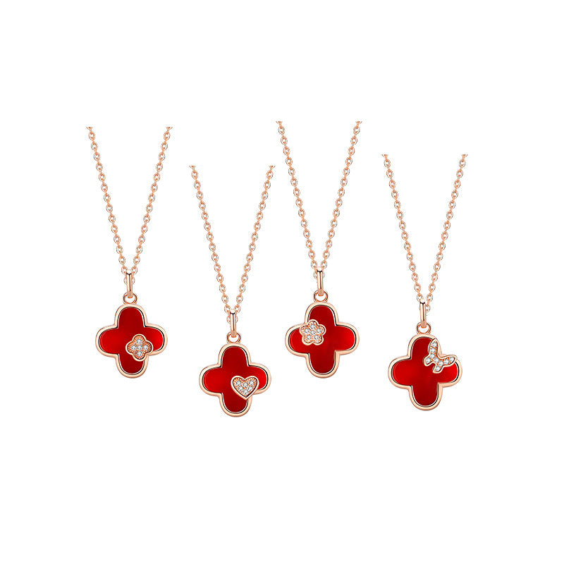 Original Clover Sterling Silver 925 Necklace Women's Light Luxury Chinese Valentine's Day Gift for Girlfriend Ins Simple Red Agate Pendant