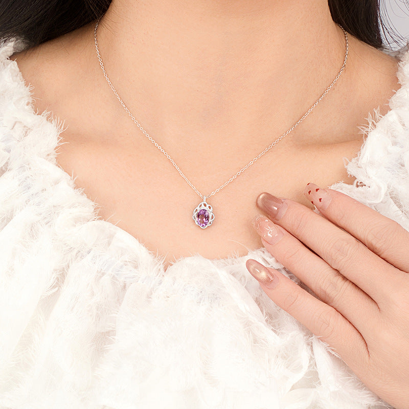 S925 Sterling Silver Natural Amethyst Pendant Female Light Luxury Niche Design Sense Hollow Petals Colorful Treasure Silver Necklace Wholesale