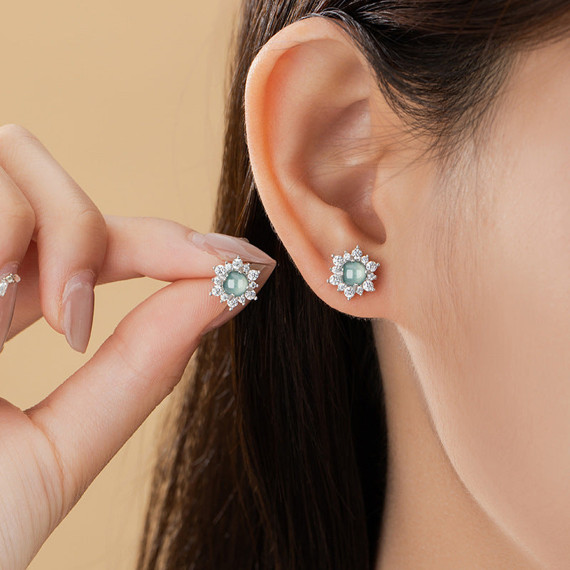 Sunflower Sterling Silver 925 Ring Women's Light Luxury High-Grade Natural Blue Water Dangerous Material Jade Earrings Ins Flower Earrings