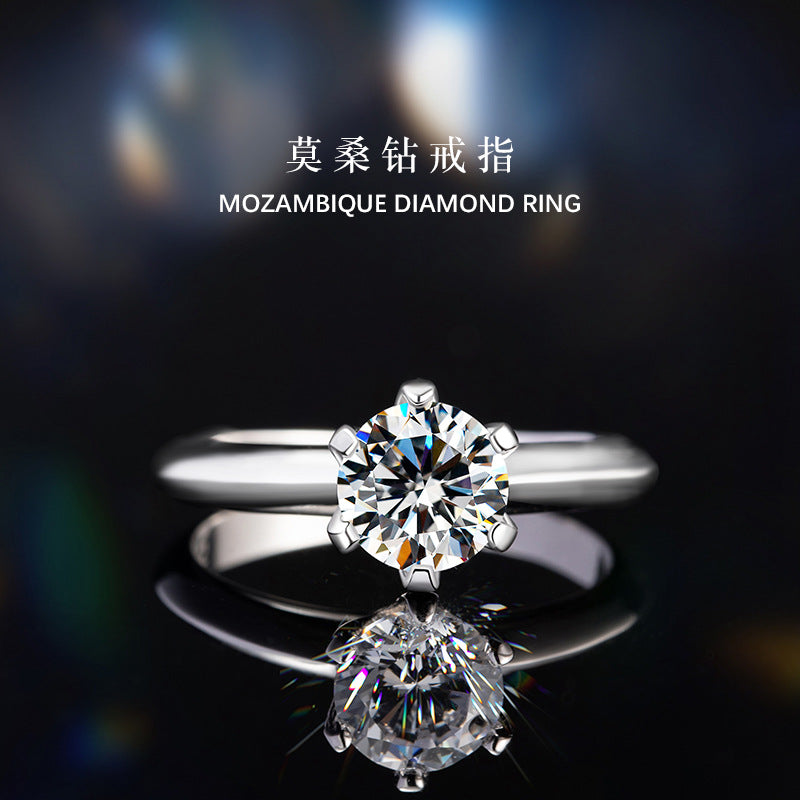 Sterling Silver 925 Diamond Ring Women's Light Luxury High-Grade Moissanite Ring Classic 1 Karat Plain Ring 6-Claw Wedding Ring