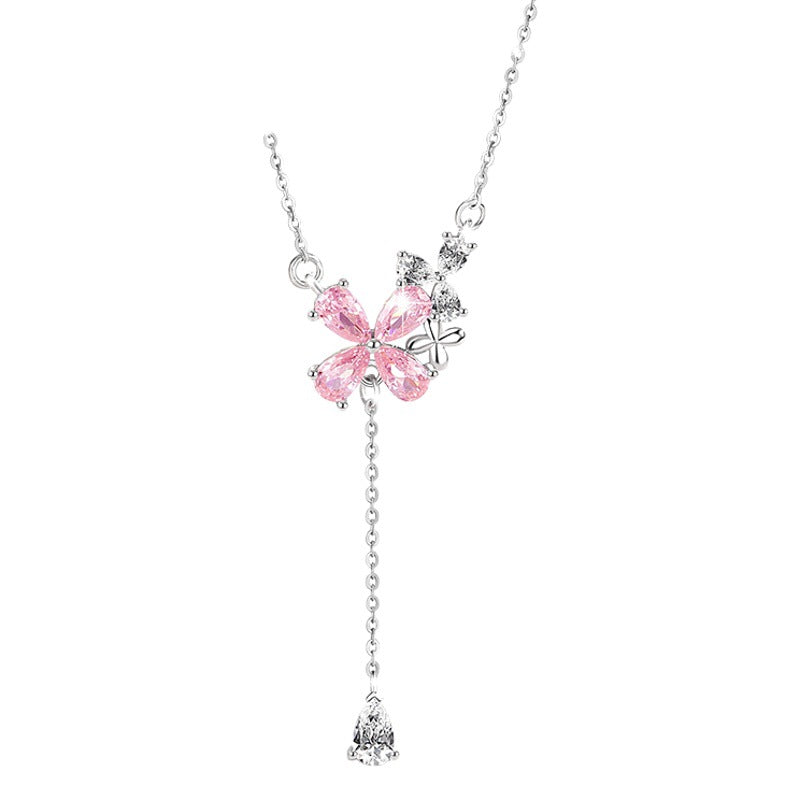 Flower Sterling Silver 925 Necklace Women's Fashion Versatile Pink Zircon Clavicle Chain 520 Valentine's Day Tassel Pendant