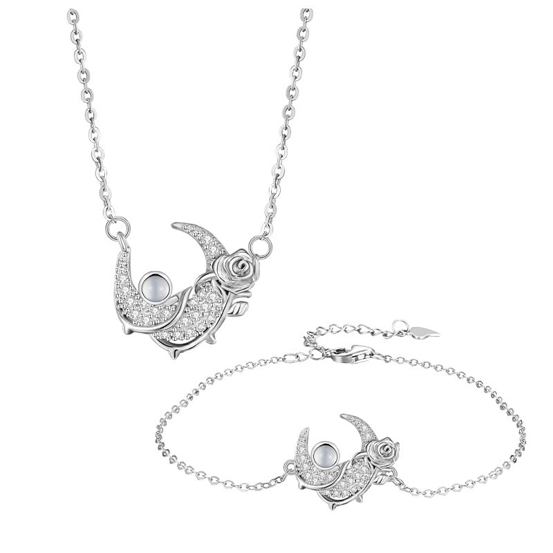 S925 Sterling Silver Rose Set Natural White Agate Star Moon Necklace Bracelet for Girlfriend Birthday Valentine's Day Gift for Women