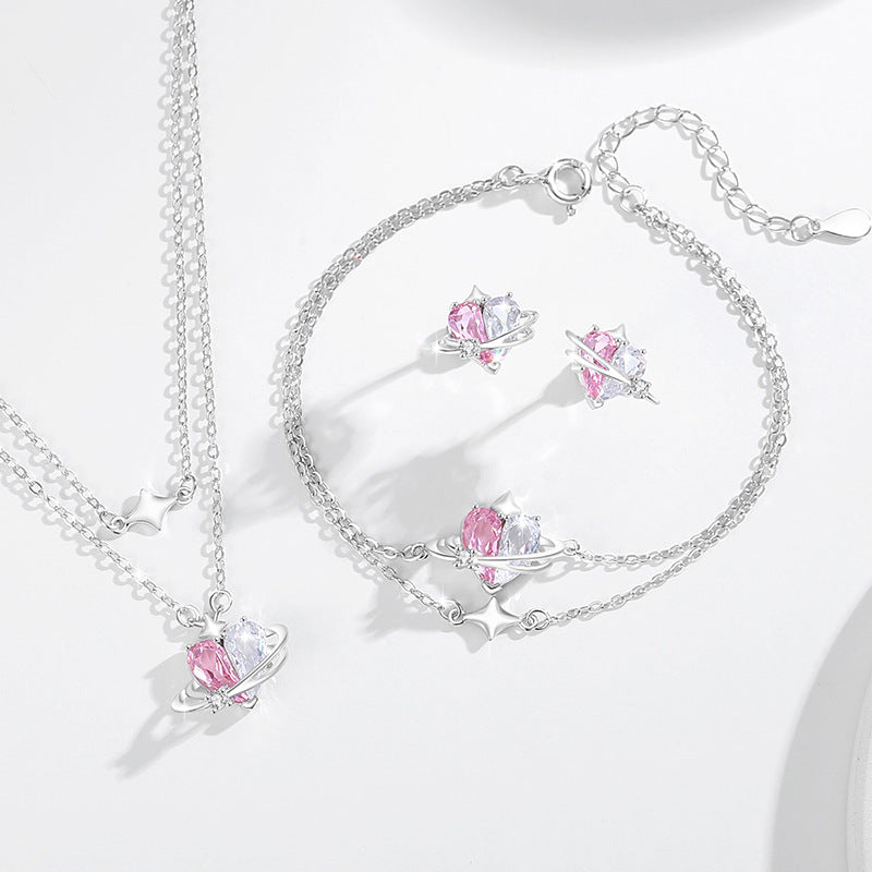 Women's Heart-Shaped Sterling Silver 925 Bracelet Fashionable All-Match Pink Diamond Star Bracelet Ins Style Planet Zircon Bracelet