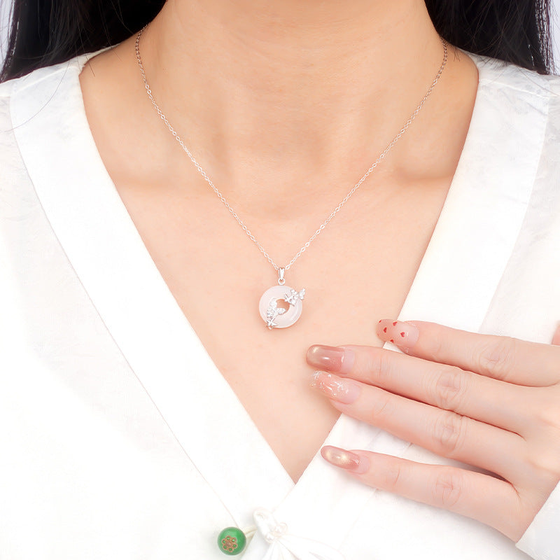 Butterfly Safety Buckle S925 Sterling Silver Necklace for Women New Chinese Style Chalcedony Silver Jewelry Niche Design Sense Commuter All-Matching