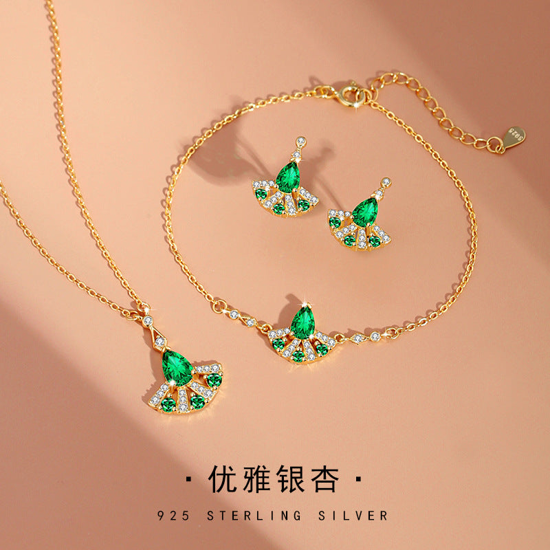 Original Sansheng Lucky Sterling Silver 925 Necklace Female Niche Design Light Luxury Zircon Clavicle Chain Ginkgo Leaf Pendant