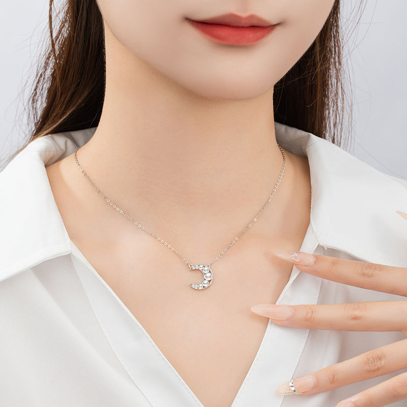 Moon Sterling Silver 925 Necklace Female Niche Design Light Luxury Shijia Pearl Clavicle Chain Ins Style Star Pendant